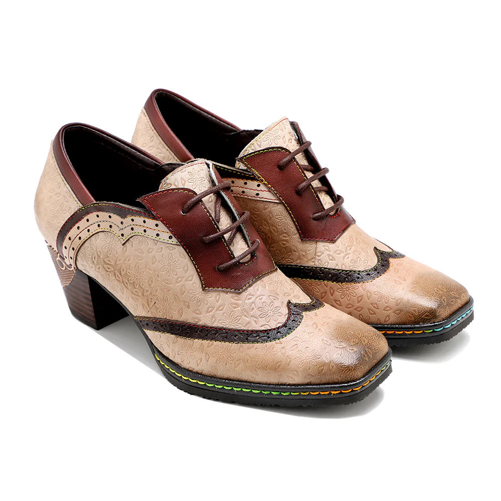 SOFFIA | Genuine Leather Floral Embossed Adele Low Heel Oxford Shoes - Image 3